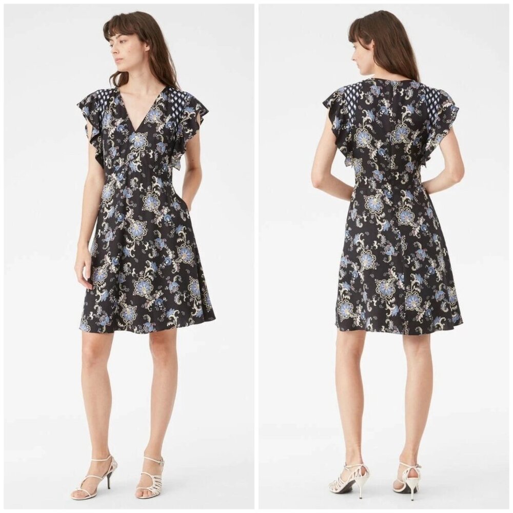 New Rebecca Taylor Ruffle Sleeve Paisley Silk Blend A-line Dress‎ Black Flora  4